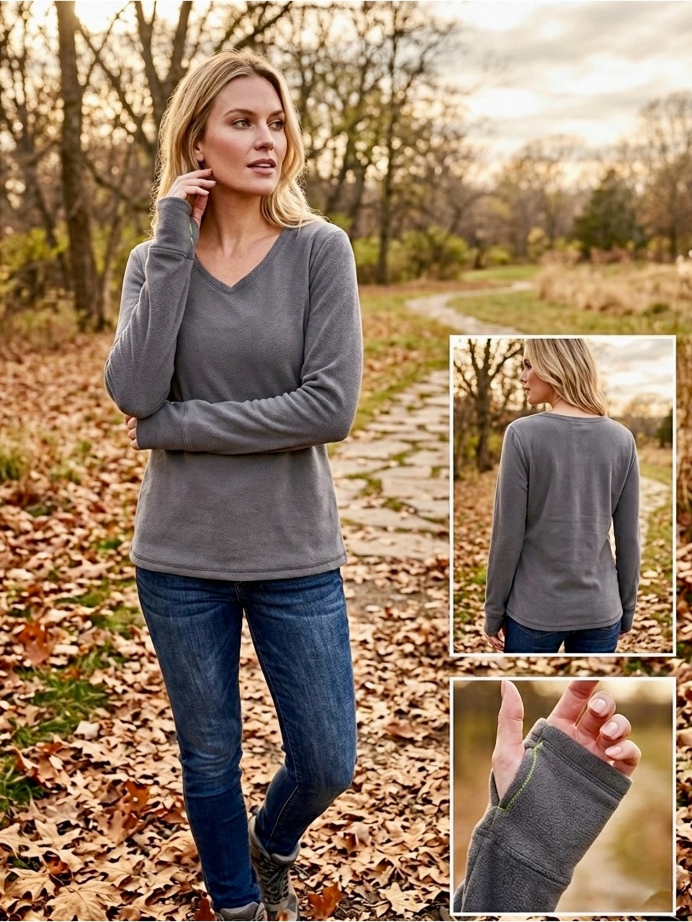 Cuddl Duds Grey Fleece V-Neck Long Sleeve Pullover Top - Women’s Medium